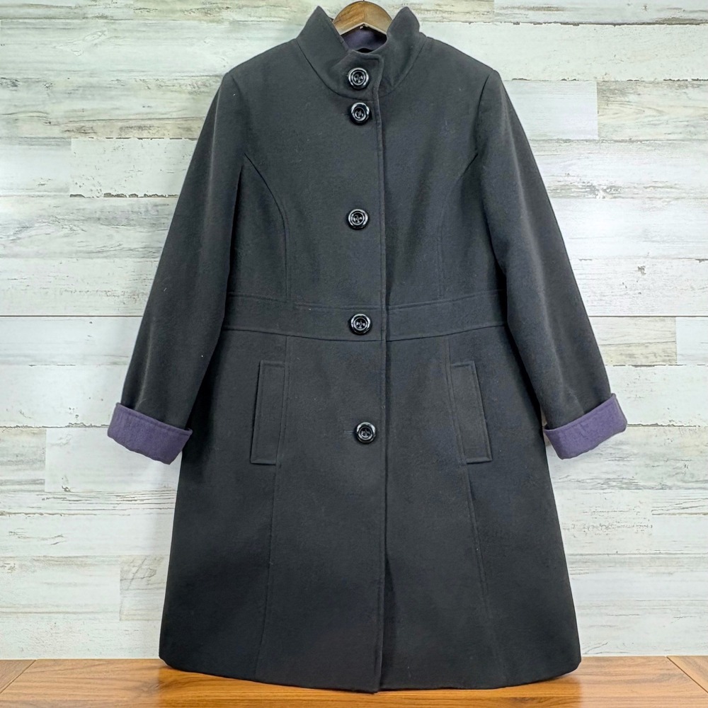 Debenhams Classics Womens Black Long Coat Purple Cuff Lined Size 18 Trenchcoat